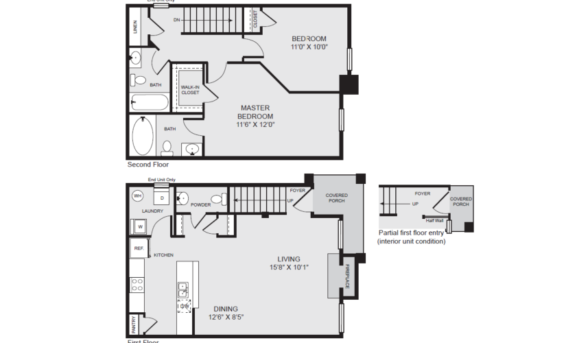 B3 - 2 bedroom floorplan layout with 2.5 bathrooms and 1085 square feet