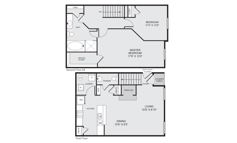 B1A - 2 bedroom floorplan layout with 1.5 bathroom and 1164 square feet