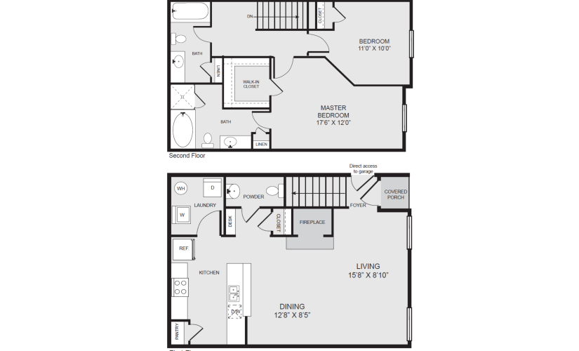 B1 - 2 bedroom floorplan layout with 2.5 bathrooms and 1164 square feet